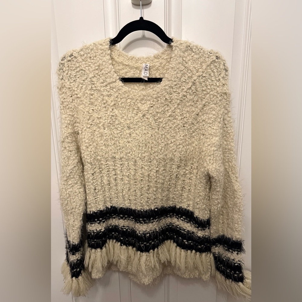 Almadi Anthropologie Cozy Cream and Black Textured Sweater with Fringe Trim